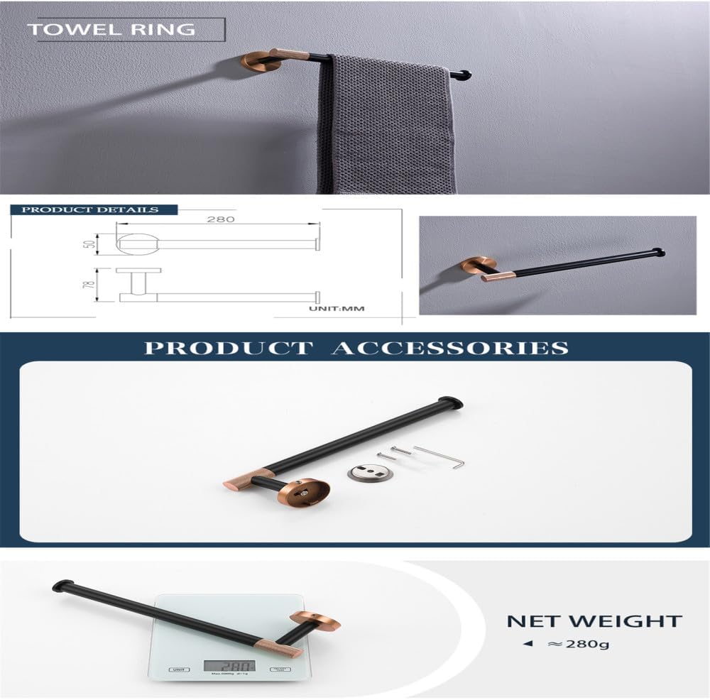 Rose Gold Matte Black Stainless Steel Bathroomardware Set Modernccessories foromeécor Towel Rack Toilet Paperolder Ring Brush Stylish Fixtures(4 Pieces Set C)