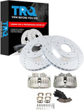 TRQ Performance Front Brake Pad & Rotor Ceramic Coated Drilled Rotors Calipers Compatible with 02-05 Chevrolet Trailblazer GMC Envoy 02-04 Oldsmobile Bravada 04-05 Buick Rainier 2005 Isuzu Ascender