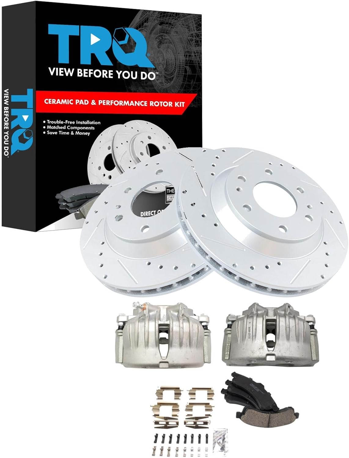 TRQ Performance Front Brake Pad & Rotor Ceramic Coated Drilled Rotors Calipers Compatible with 02-05 Chevrolet Trailblazer GMC Envoy 02-04 Oldsmobile Bravada 04-05 Buick Rainier 2005 Isuzu Ascender