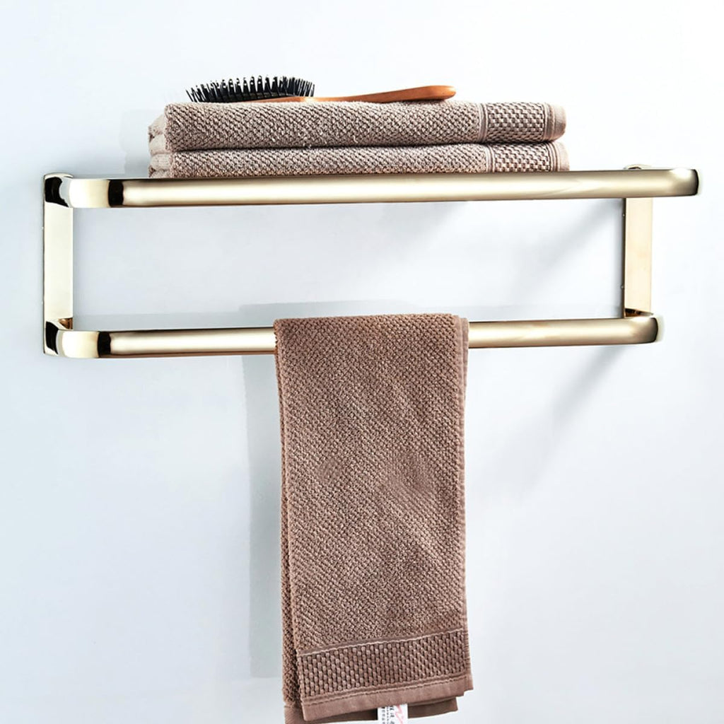 Angoily 1pc Brass Towel Rack Double Design Wall-Mounted Towel Hanger for Bathroom and Kitchen Elegant Gold Finish Easy Installation for Storage