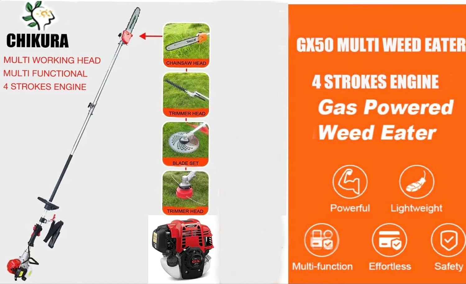 GX50 Gas 10 in 1 Brush Cutter 4 Strokes Weed Eater Chain Saw Lawn Mower Hedge Trimmer