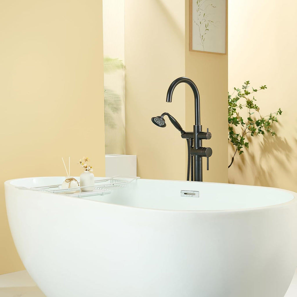 Wowkk Tub Filler Freestanding Bathtub Faucet Oil Rubbed Bronze Floor Mounted Brass Bathroom Tub Faucets with Hand Shower