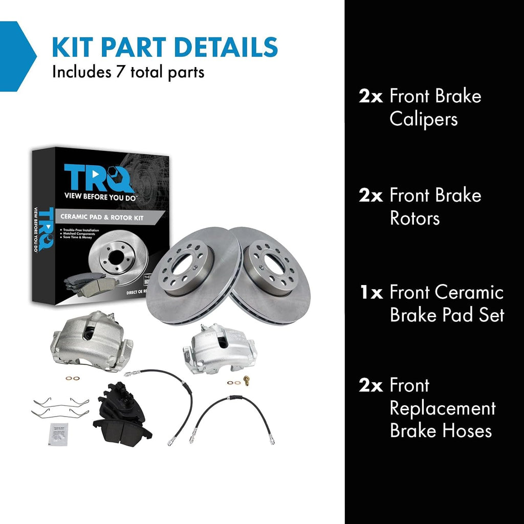 TRQ Front Brake Pad and Rotor Set Ceramic Vented Rotors Calipers Hoses Compatible with 2010 Audi A3 2012 Volkswagen Golf 2013 GTI 2009-2010 Jetta 2006-2009 Rabbit