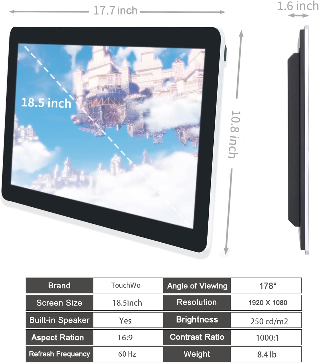 18.5 inch Capacitive Multi-Touch Screen Industrial Monitor, 16:9 Display 1920 x 1080P, Built-in Speakers, VGA, DVI & HD-MI Monitor for PC, POS, Small Business, Restaurant