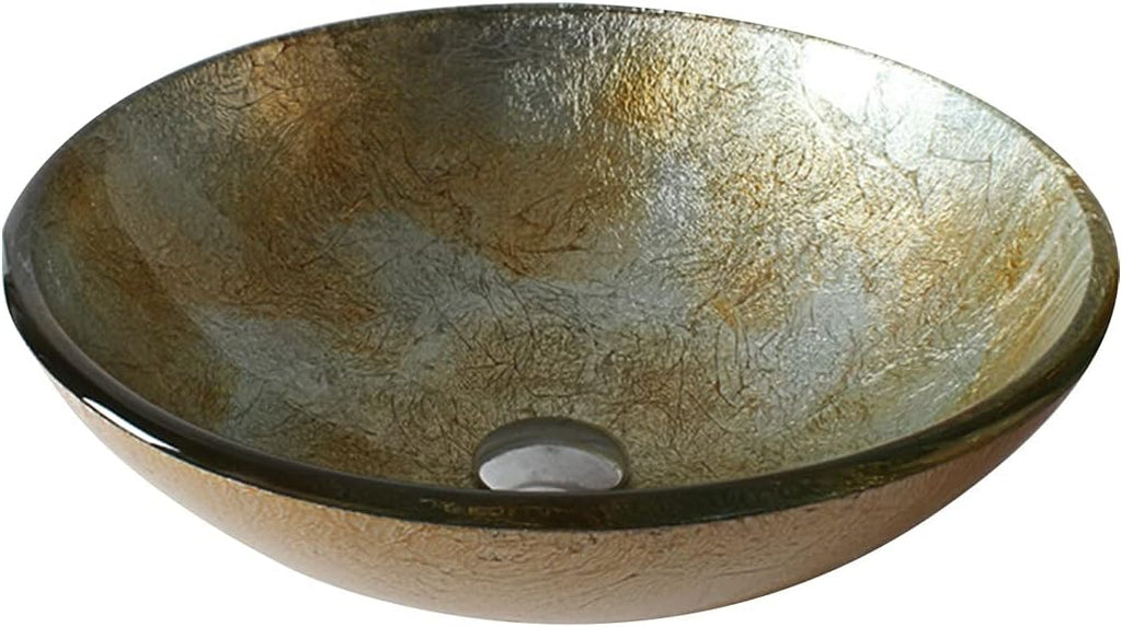 Bathroom Tempered Glass Vessel Sink, Bathroom Vanity Round Bowl, Bathroom Above Counter Vessel Sink,Gold Silver (Gold Silver)