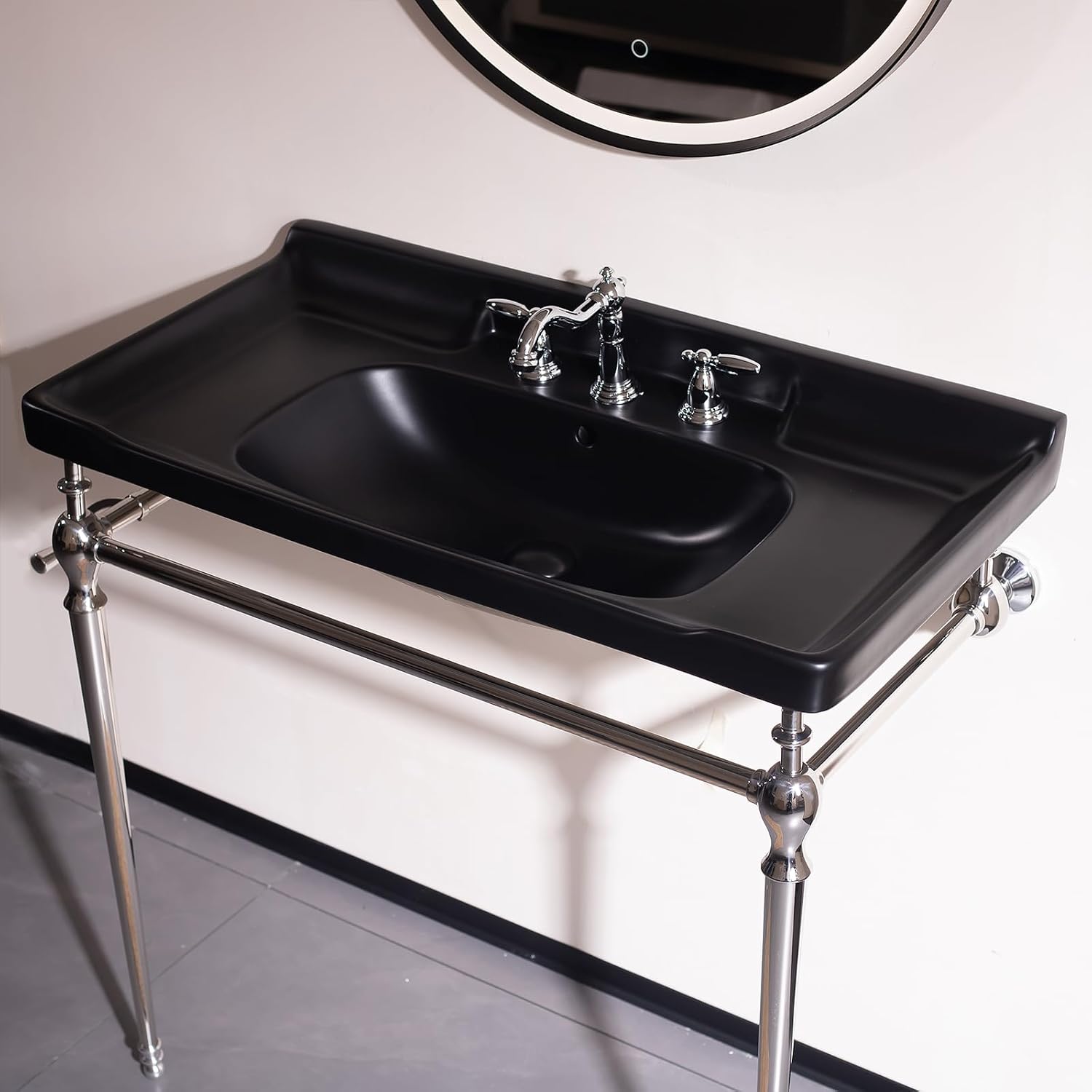 36'' Console Bathroom Sink, Freestanding Console Sink With Stainless Brushed Chrome Legs, Modern Bathroom Vanity with 3 Tap Holes, Black with Silver