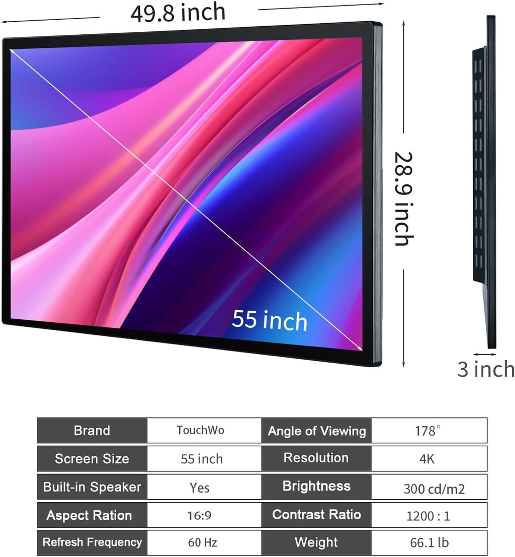 55 inch Capacitive Multi-Touch Screen Industrial Monitor, 16:9 Display 4K, Built-in Speakers, USB, VGA, DVI & HD-MI Ports, Digital Signage Displays and Player for Advertising
