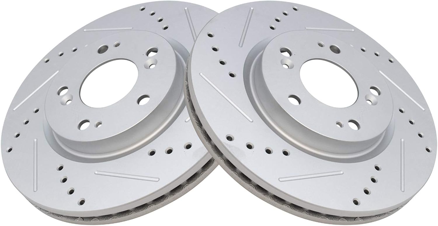 TRQ Performance Front Brake Pad and Rotor Set Ceramic Coated Drilled Slotted Vented Rotors Calipers Compatible with 07-17 Jeep Compass Patriot 08-14 Dodge Avenger 07-12 Caliber 11-14 Chrysler 200