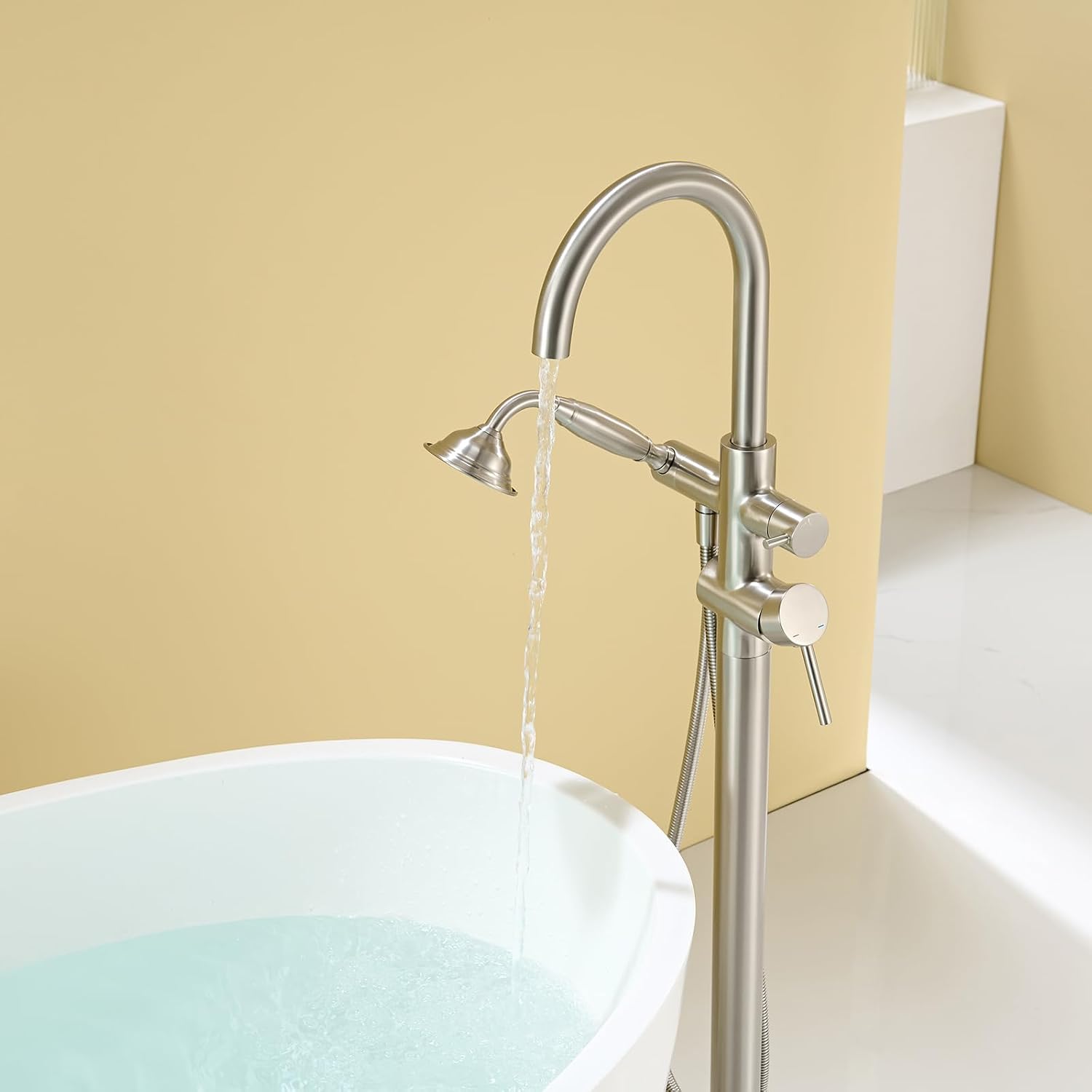 Wowkk Tub Filler Freestanding Bathtub Faucet Brushed Nickel Floor Mounted Brass Bathroom Tub Faucets with Hand Shower
