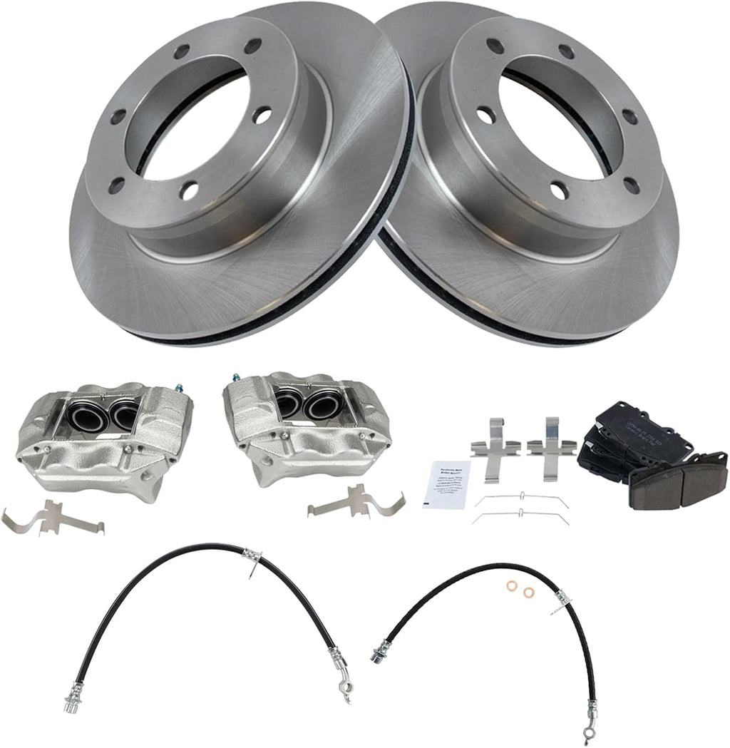 TRQ Front Brake Pad and Rotor Set Ceramic Vented Rotors Calipers Hoses Compatible with 2004 Toyota Tacoma