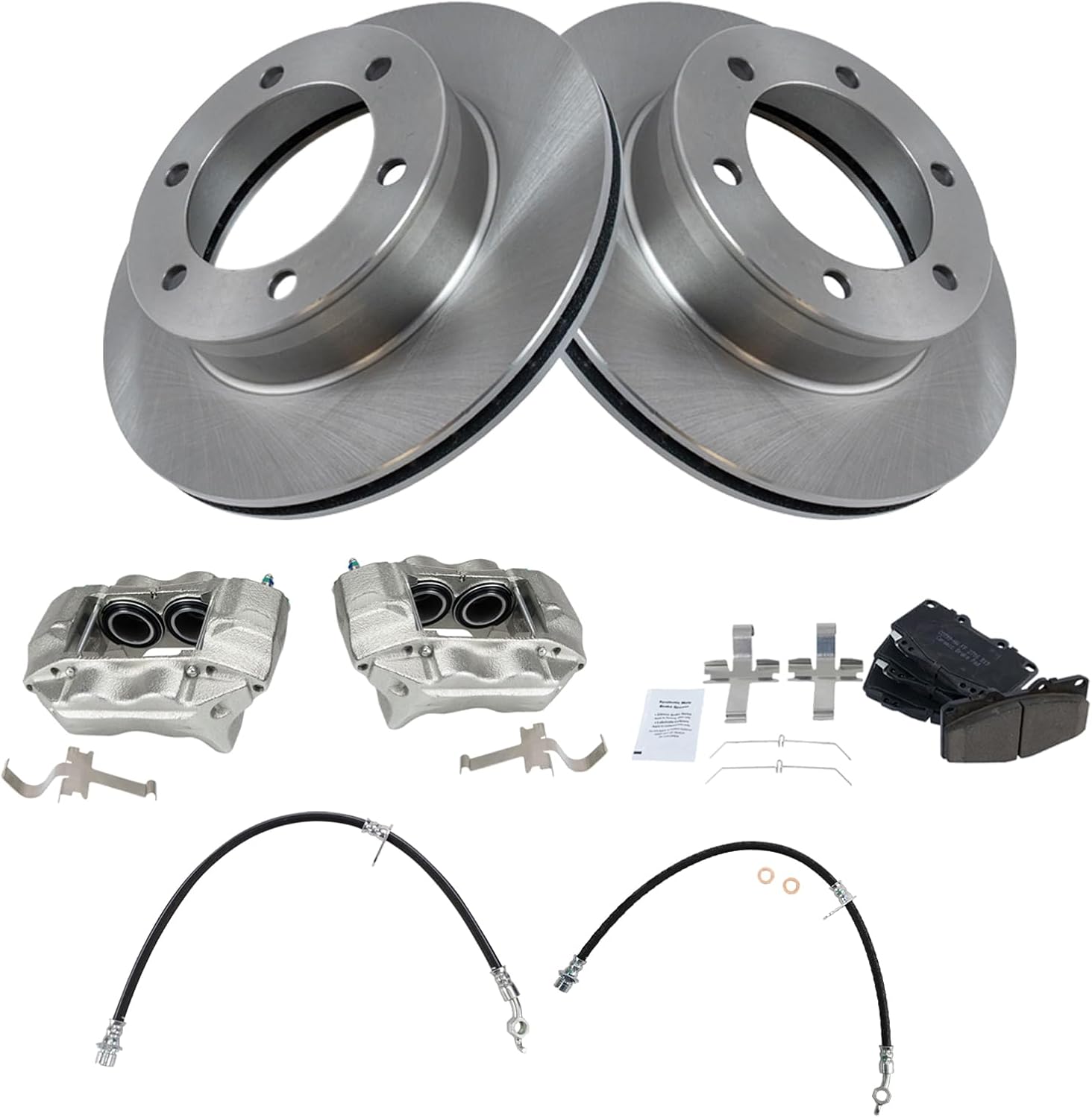 TRQ Front Brake Pad and Rotor Set Ceramic Vented Rotors Calipers Hoses Compatible with 2004 Toyota Tacoma