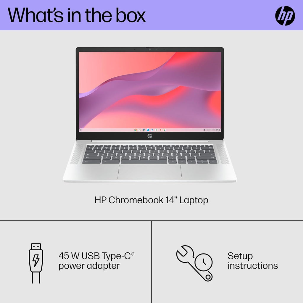 HP 14' HD Chromebook, Intel N200 Processor, Intel UHD Graphics, 4GB RAM, 128 GB UFS Flash Storage, Wi-Fi6, Bluetooth, Chrome OS, Glacier Silver