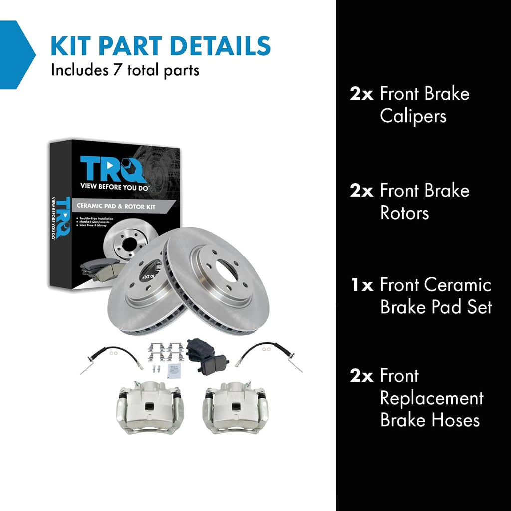 TRQ Front Brake Pad and Rotor Set Ceramic Rotors Calipers Hoses Compatible with 2005-2007 Chevrolet Cobalt 2008-2010 HHR 2007-2008 Pontiac G5 2005 Saturn Ion