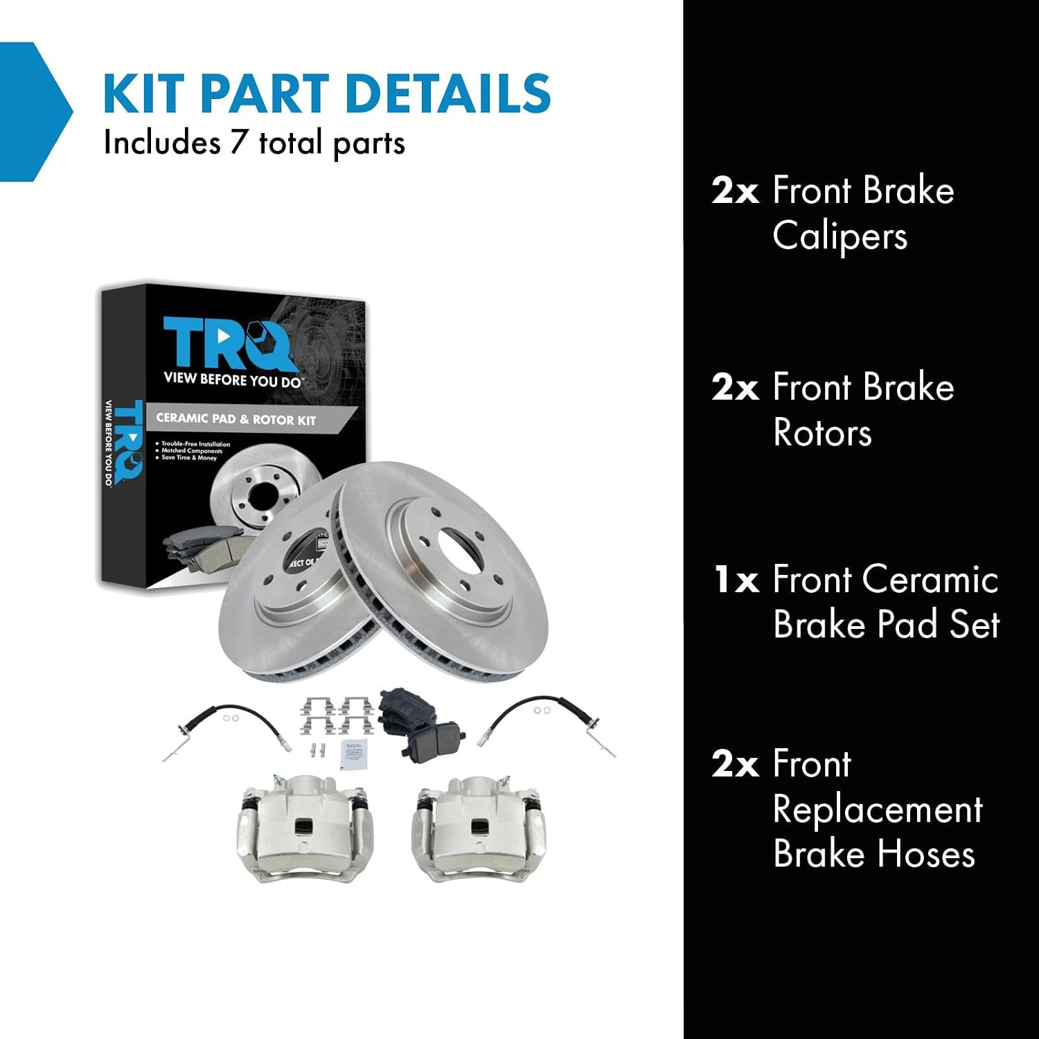TRQ Front Brake Pad and Rotor Set Ceramic Rotors Calipers Hoses Compatible with 2005-2007 Chevrolet Cobalt 2008-2010 HHR 2007-2008 Pontiac G5 2005 Saturn Ion