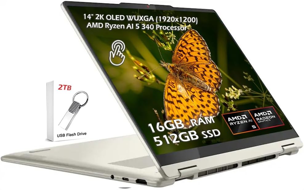 Lenovo Yoga 7 2-in-1 Laptop 14' WUXGA OLED Touch AMD 6-core Ryzen AI 5 340 16GB RAM 512GB SSD for Creator Business Professional, Wi-Fi7 Backlit KB Windows 11, Seashell, w/2TB USB Drive, W/GaLiMu