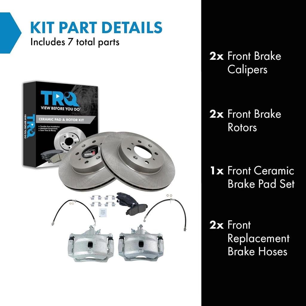 TRQ Front Brake Pad and Rotor Set Ceramic Rotors Calipers Hoses Compatible with 2001-2005 Honda Civic