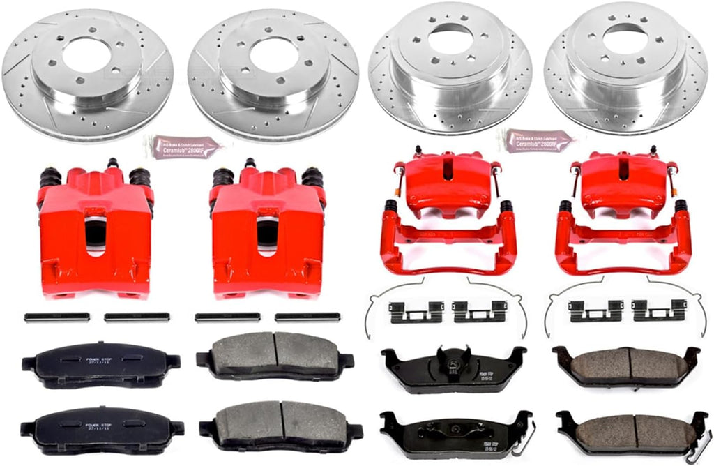 PowerStop Front and Rear Brake & Caliper Kit for Ford F-150 2005-08 | Lincoln Mark LT 2006-08 - Carbon-Fiber Ceramic Brake Pads + Drilled & Slotted Rotors + Red Powder Coated Calipers, KC1944A