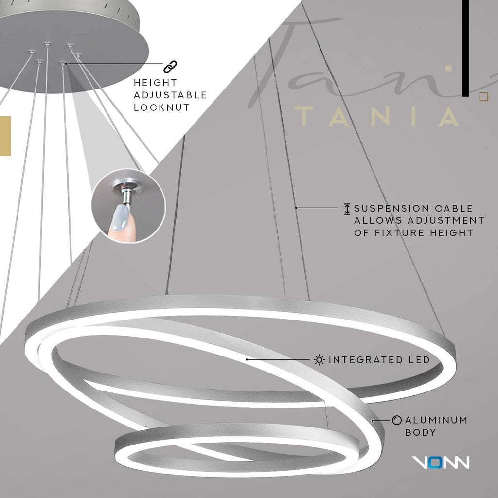 VONN VMC32500AL Tania Trio 32', Adjustable Hanging, Modern Circular Chandelier Lighting in Silver Integrated LED, 31.50' L x 31.50' W x 120' (16.5') H,