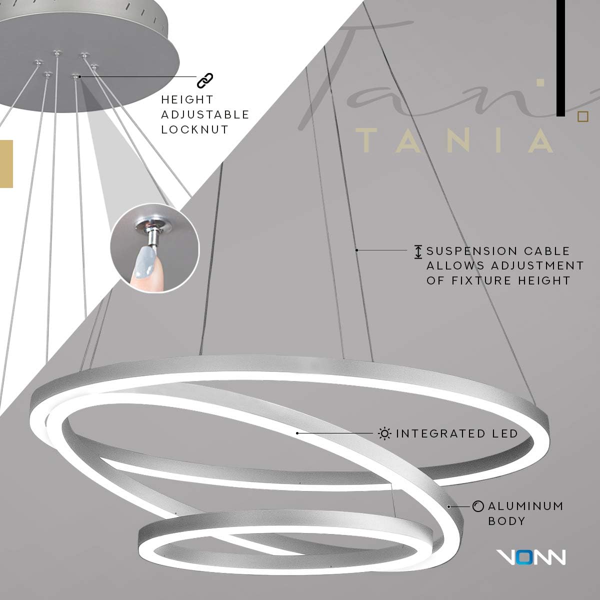 VONN VMC32500AL Tania Trio 32', Adjustable Hanging, Modern Circular Chandelier Lighting in Silver Integrated LED, 31.50' L x 31.50' W x 120' (16.5') H,