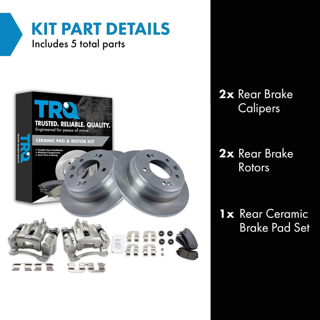 TRQ Rear Brake Pad and Rotor Set Ceramic Solid Rotors Calipers Compatible with 2010-2015 Hyundai Tucson 2011-2016 Kia Sportage