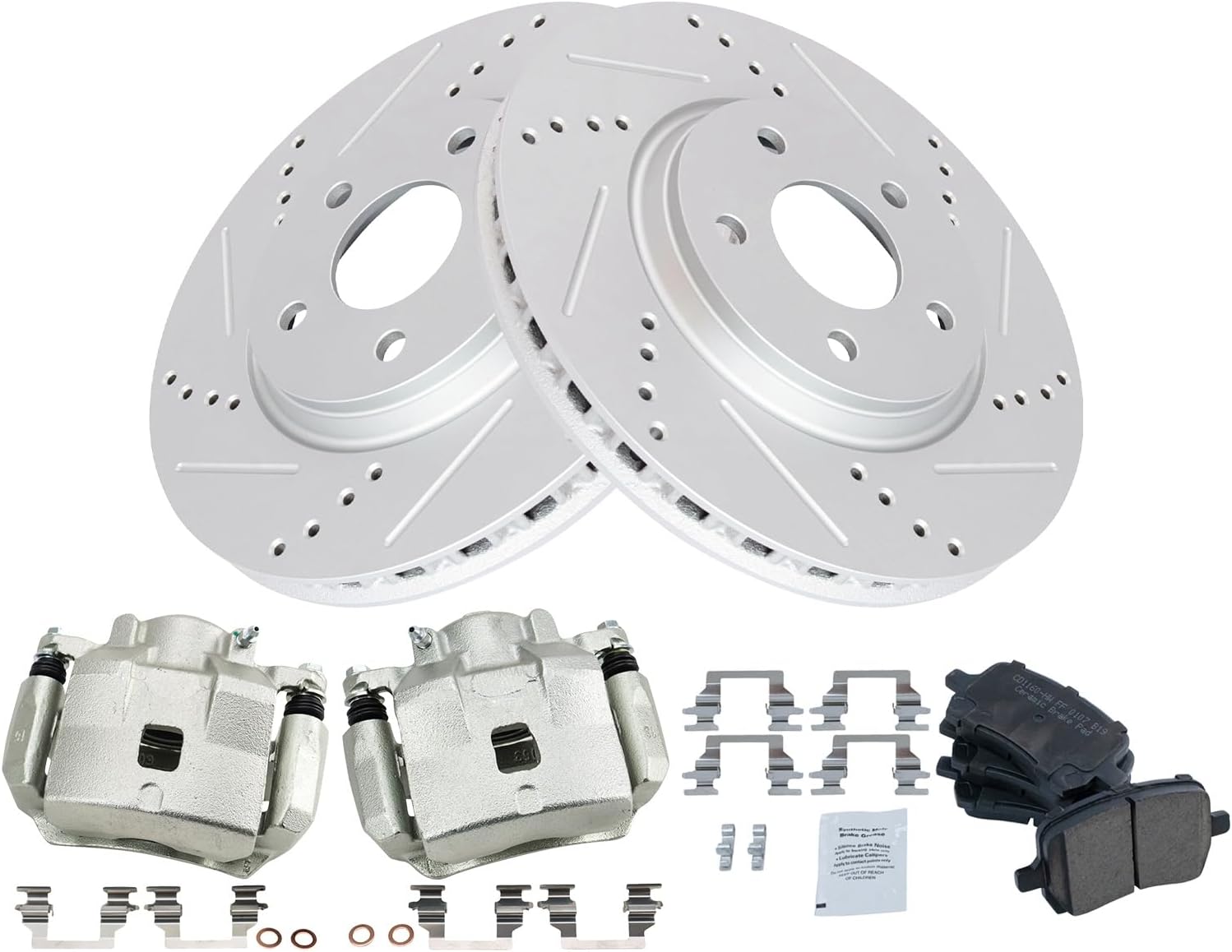 TRQ Performance Front Brake Pad and Rotor Set Ceramic Drilled Slotted Coated Vented Rotors Calipers Compatible with 2005-2007 Chevrolet Cobalt 2008-2010 HHR 2007-2008 Pontiac G5 2005 Saturn Ion