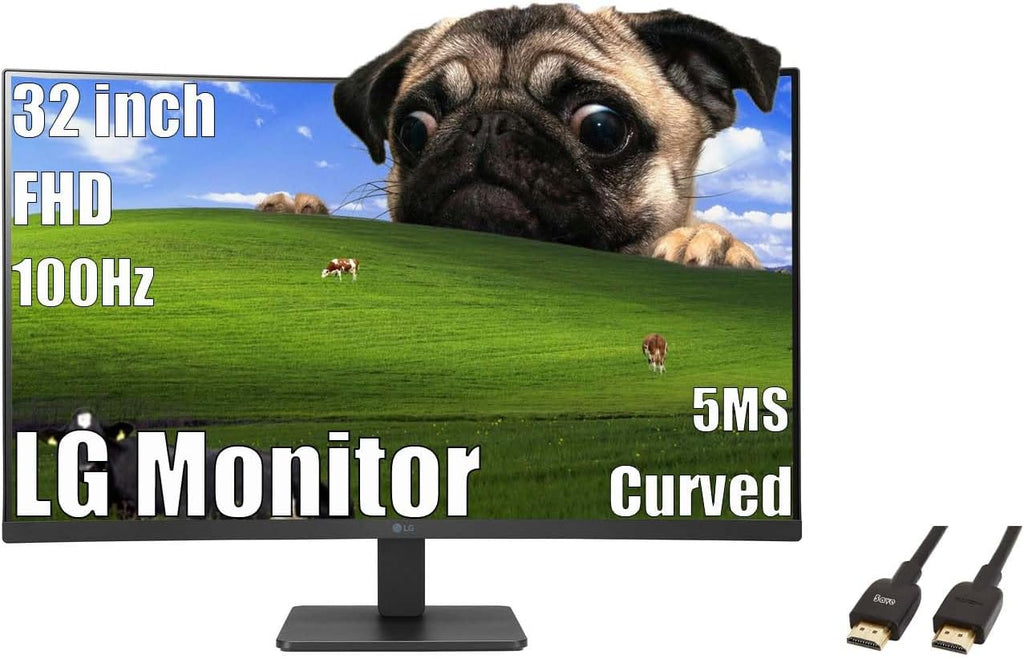 LG 32 inch Curved Monitor, FHD VA Display, 100Hz, 5ms, AMD FreeSync, Dynamic Action Sync, Black Stabilizer, Reader Mode, Flicker Safe, Auto Input Switch, OnScreen Control, with 5ave HDMI3 Cable