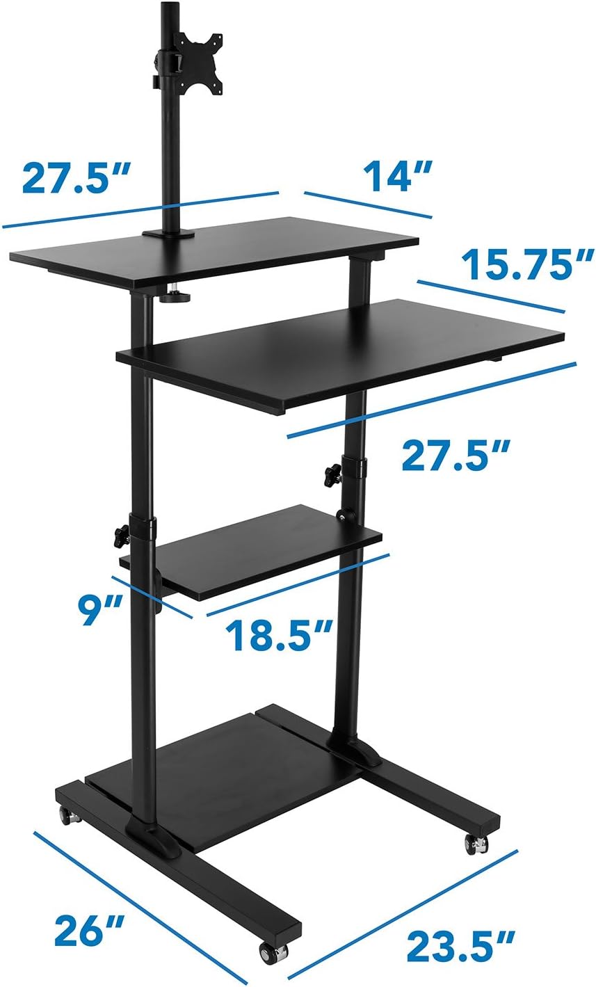 Mount-It! Rolling Adjustable Stand-Up Desk with Monitor Arm - Mobile Computer Workstation & Presentation Cart, in Black Color (MI-7942B)