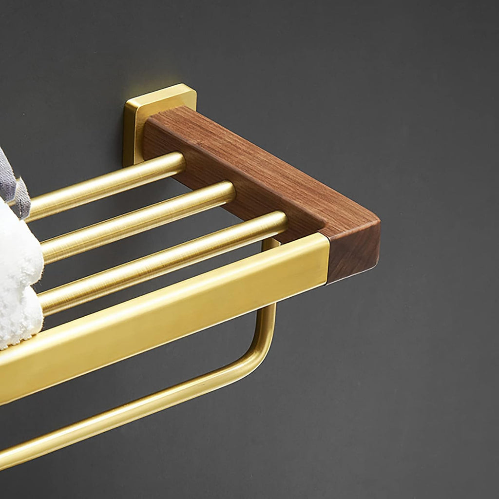Bathroom Towel Rack Brushed Gold Towel Bar Space Aluminum and Walnut Towel Rail Wall Mounted Towel Holder Double Rod Storage Rack for Bathroom, Kitchen, Toilet