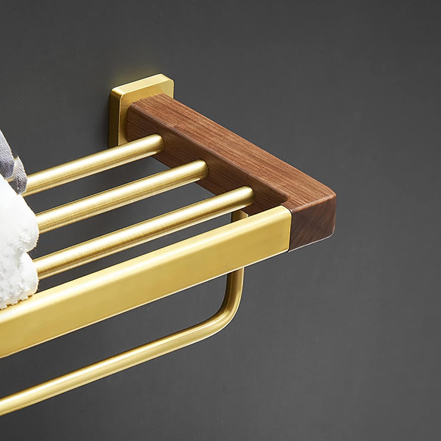Bathroom Towel Rack Brushed Gold Towel Bar Space Aluminum and Walnut Towel Rail Wall Mounted Towel Holder Double Rod Storage Rack for Bathroom, Kitchen, Toilet