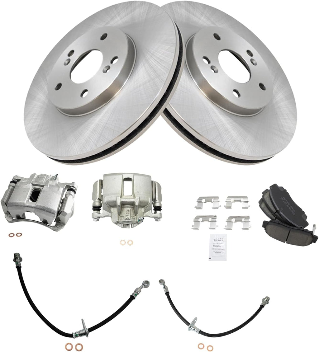 TRQ Front Brake Pad and Rotor Set Ceramic Rotors Calipers Hoses Compatible with 2003-2007 Honda Accord