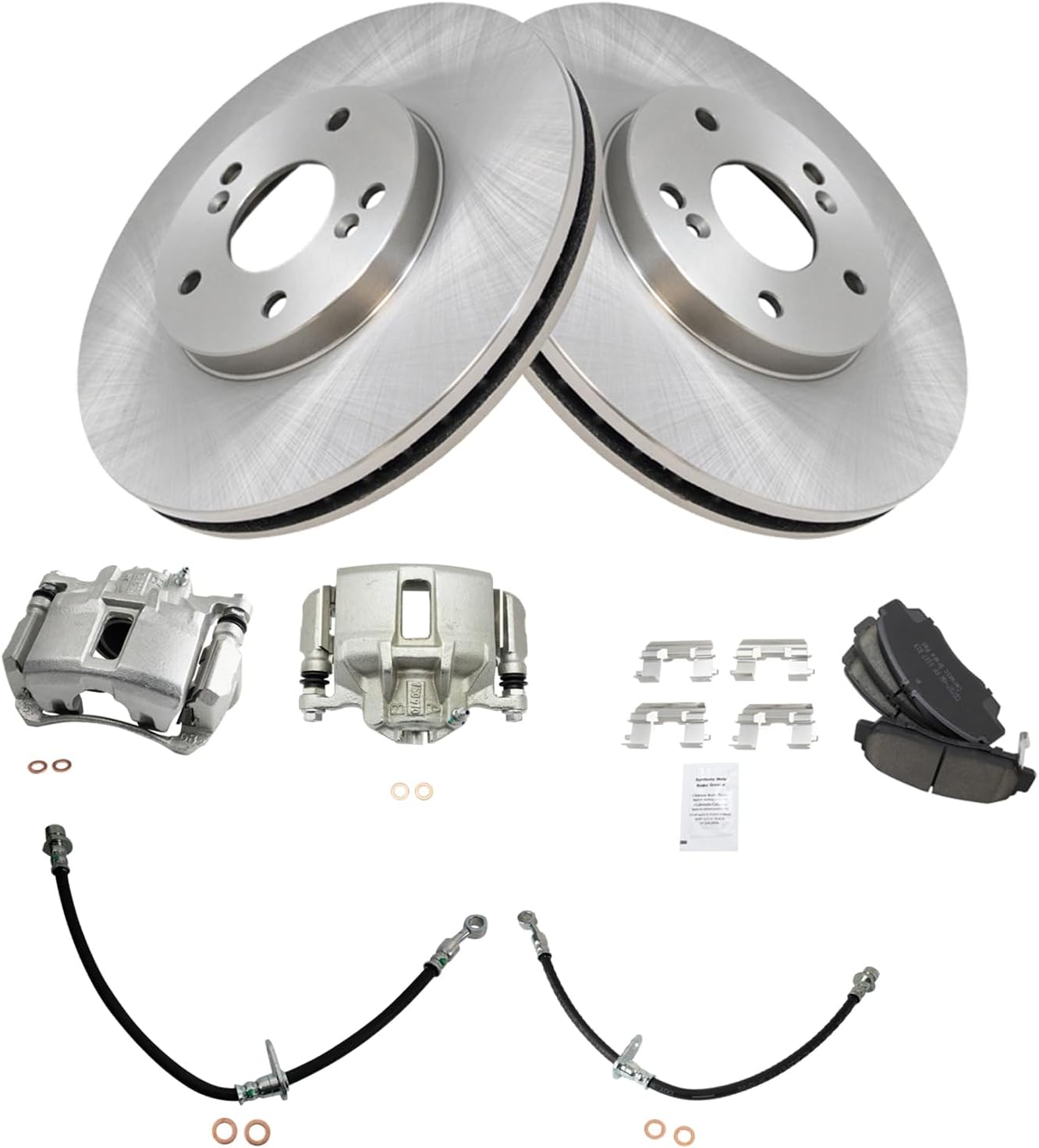TRQ Front Brake Pad and Rotor Set Ceramic Rotors Calipers Hoses Compatible with 2003-2007 Honda Accord