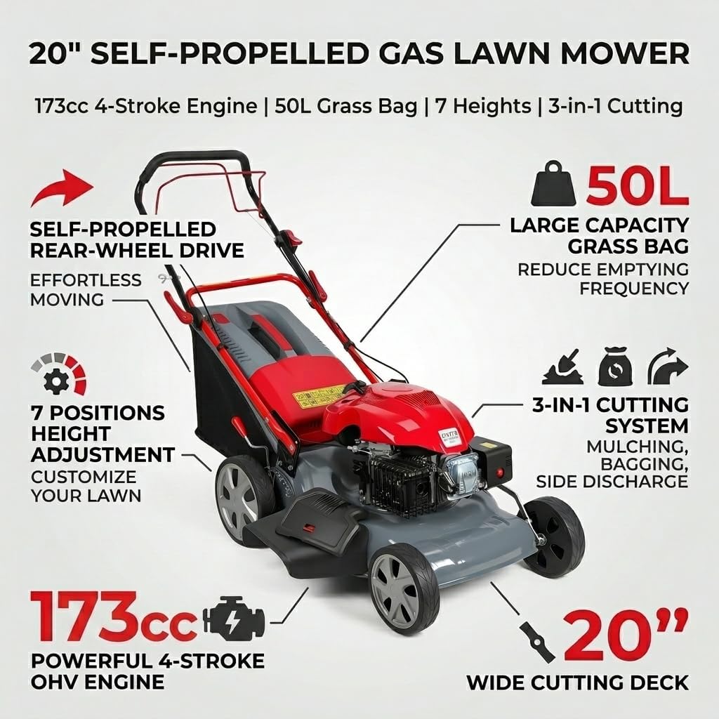 173cc Gas Lawn Mower, Self-Propelled Rear Wheel Drive, Adjustable 3-Speed Settings, 20' Cutting Width, 60L Grass Catcher, Ideal for Large Lawns, Easy Start & Efficient Grass Collect Red