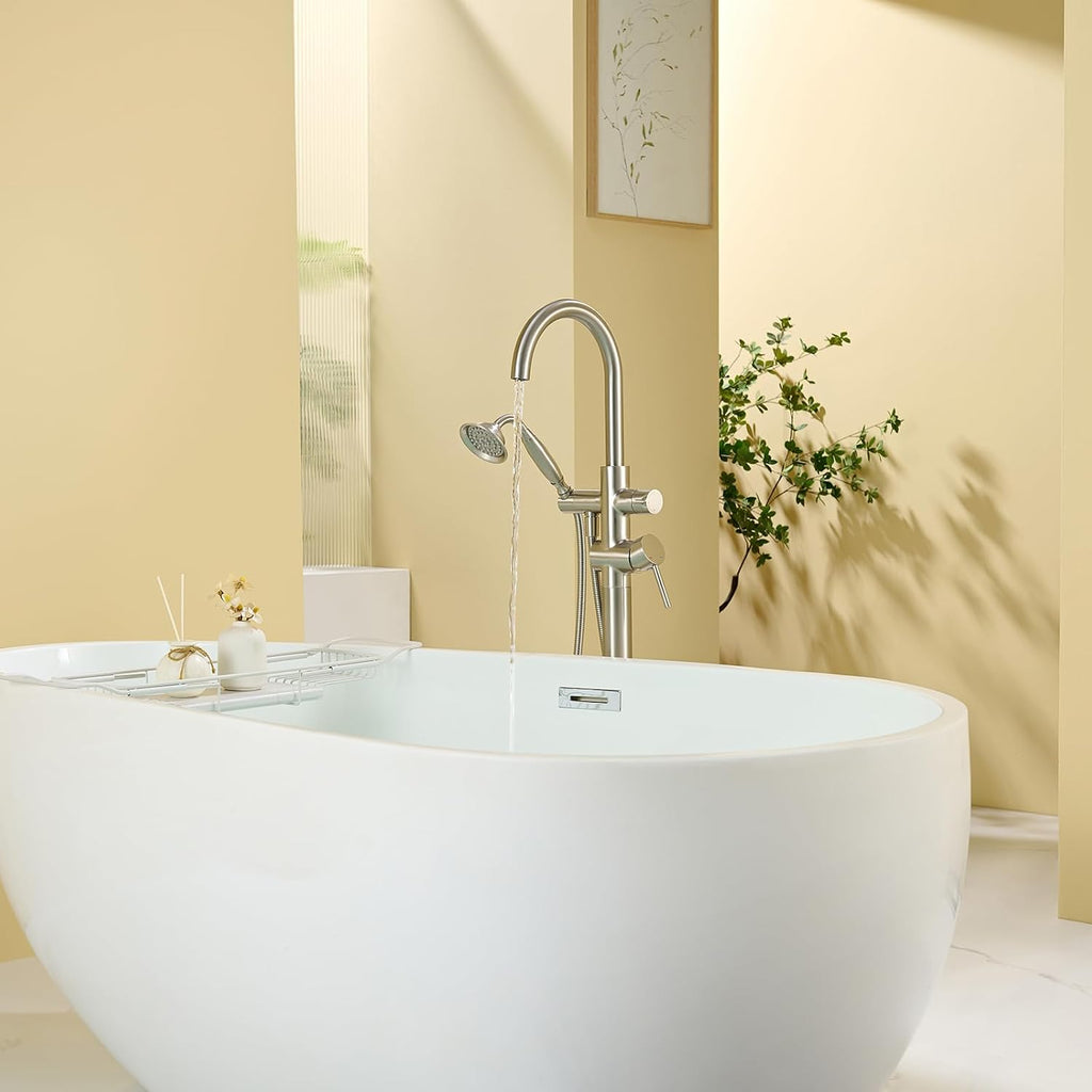 Wowkk Tub Filler Freestanding Bathtub Faucet Brushed Nickel Floor Mounted Brass Bathroom Tub Faucets with Hand Shower