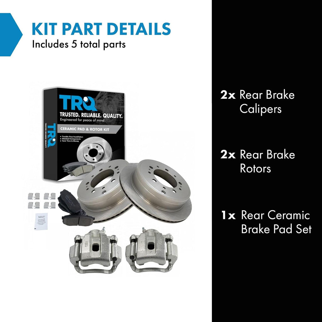 TRQ Rear Brake Pad and Rotor Set Ceramic Rotors Calipers Compatible with 2008-2015 Toyota Sequoia 2007-2015 Tundra