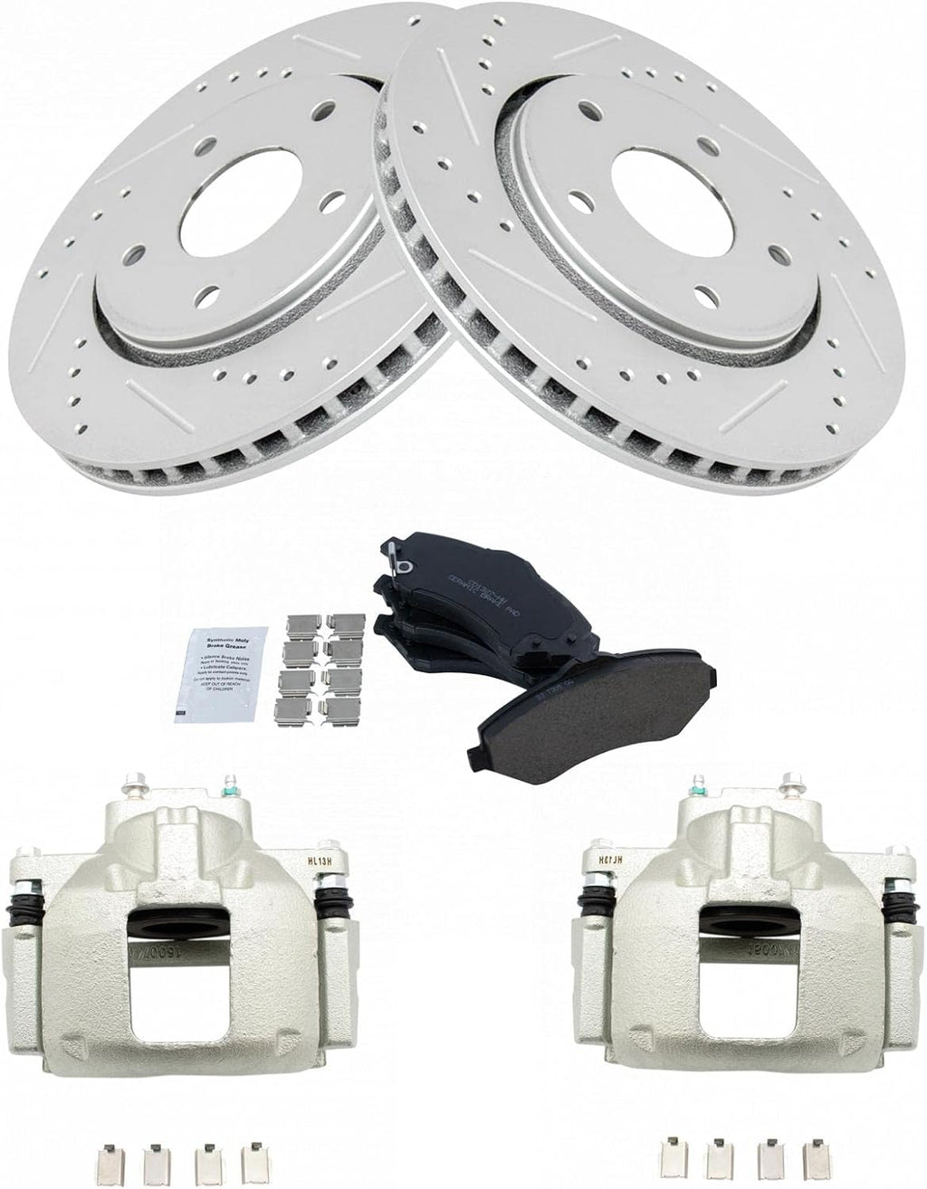 TRQ Performance Front Brake Pad and Rotor Set Ceramic Coated Drilled Slotted Rotors Calipers Compatible with 08-12 Chrysler Town & Country Dodge Grand Caravan 12 Ram Cargo Van 09-12 Volkswagen Routan