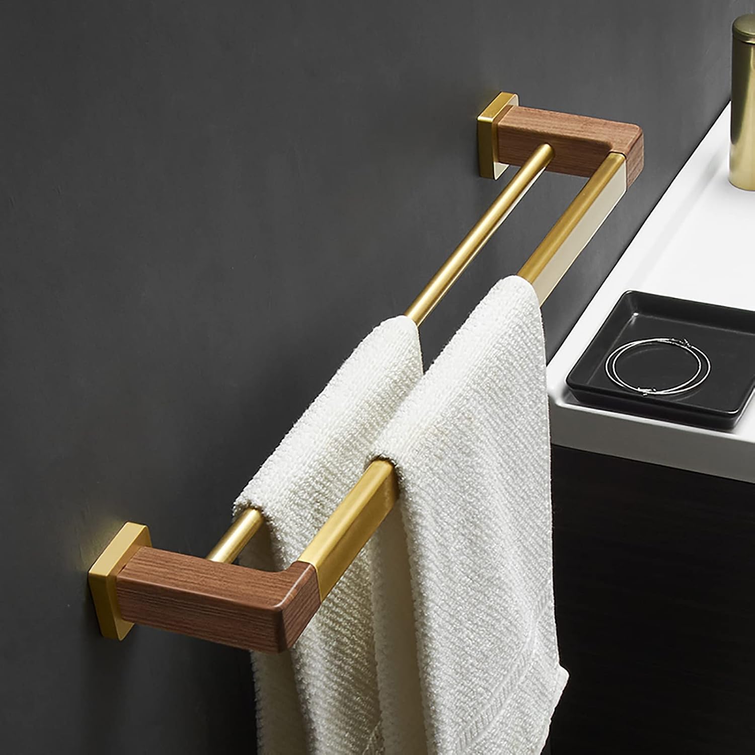 Double Towel Bar Towel Rail Brushed Gold Space Aluminum and Walnut Bathroom Towel Rack Wall Mounted Towel Holder Double Rod Storage Rack for Bathroom, Kitchen, Toilet
