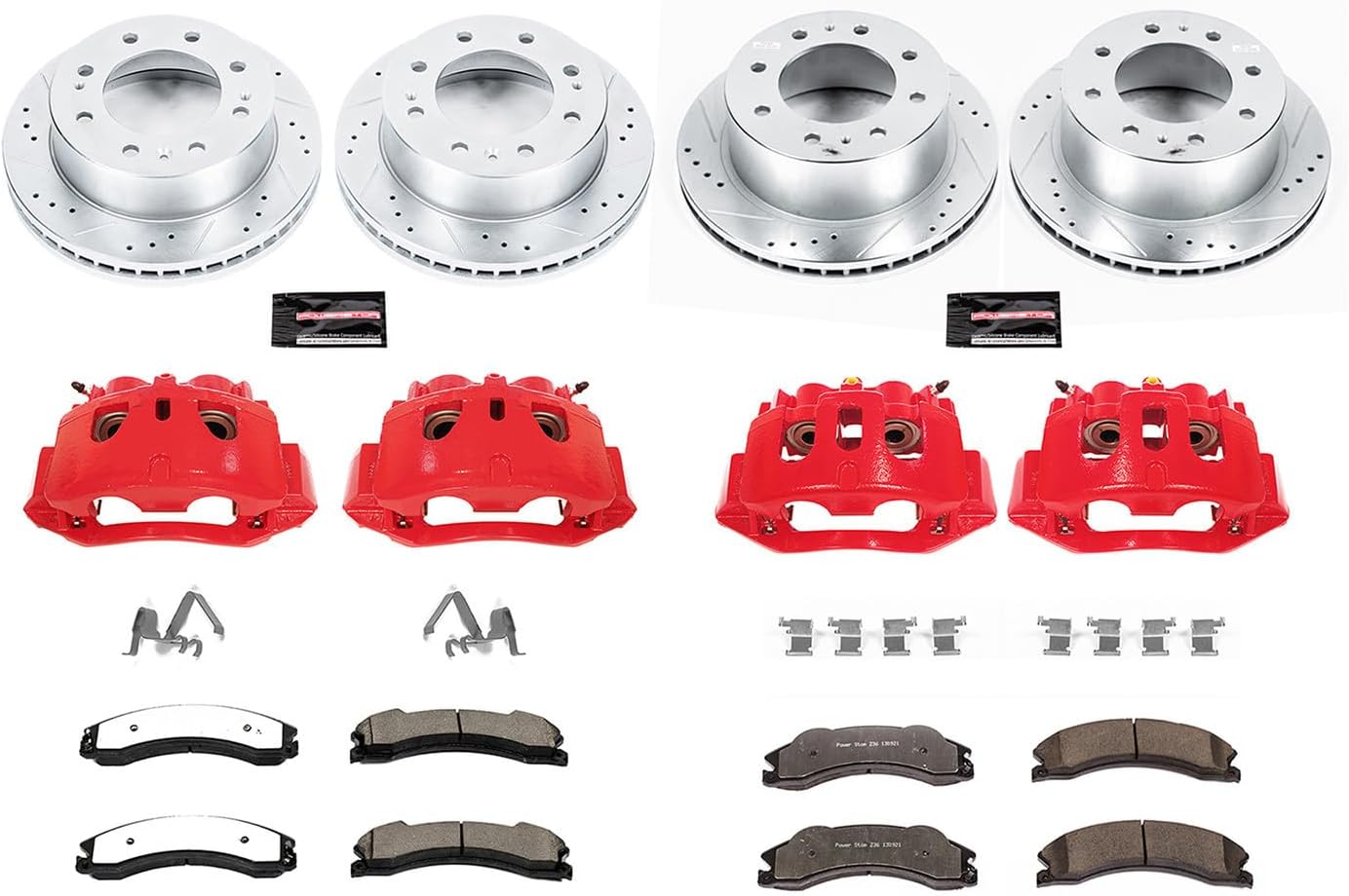 PowerStop Front and Rear Brake & Caliper Kit for Chevrolet Silverado 2500 HD 2012-14 - Drilled & Slotted Disc Rotors + Z36 Brake Pads + Red-Powder Coated Calipers, KC6259-36