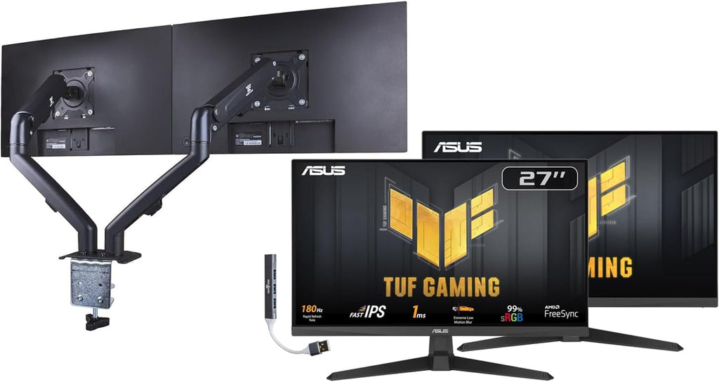 ASUS TUF Gaming 27' FHD IPS Monitor with 1ms Response Time, 180Hz Refresh Rate, Anti Glare, Flicker Free, VESA Mount (100mm), Displayport, HDMI, Black Color 2Pack w/DKZ Hub & ErgoFlexy Dual Mount Arm