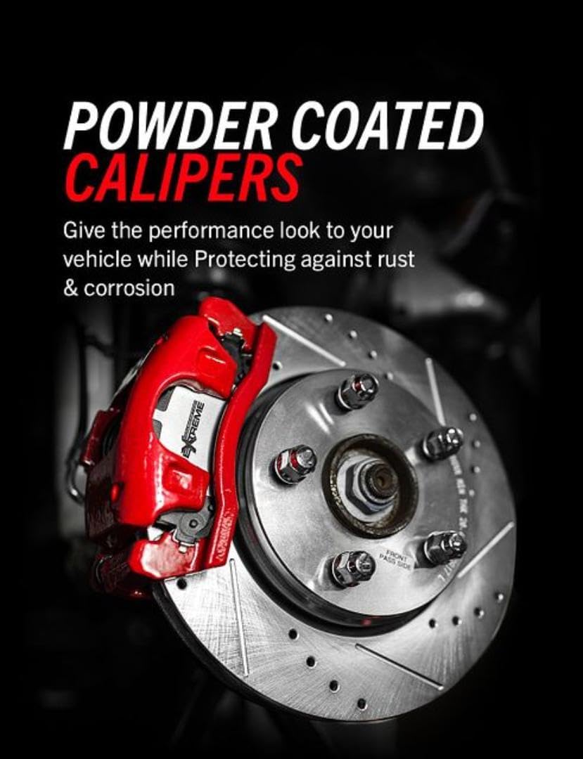 PowerStop Front and Rear Brake & Caliper Kit for INFINITI Q50 2014-24 | INFINITI Q60 2017-22 - Drilled & Slotted Disc Rotors + Carbon-Fiber Ceramic Brake Pads + Red-Powder Coated Calipers, KC8006-26