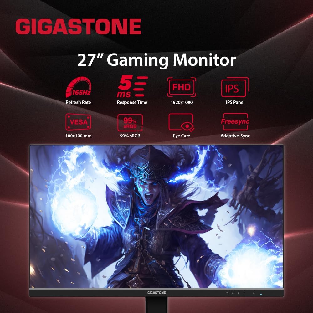 Gigastone 27 inch IPS LED Back Light Gaming Monitor 165Hz FHD 1920 x 1080, 178° Wide View Frameless PC Monitor, Built-in Speakers, FreeSync, Eye Care Technology, Ergonomic Tilt VESA Mount,DP,HDMI