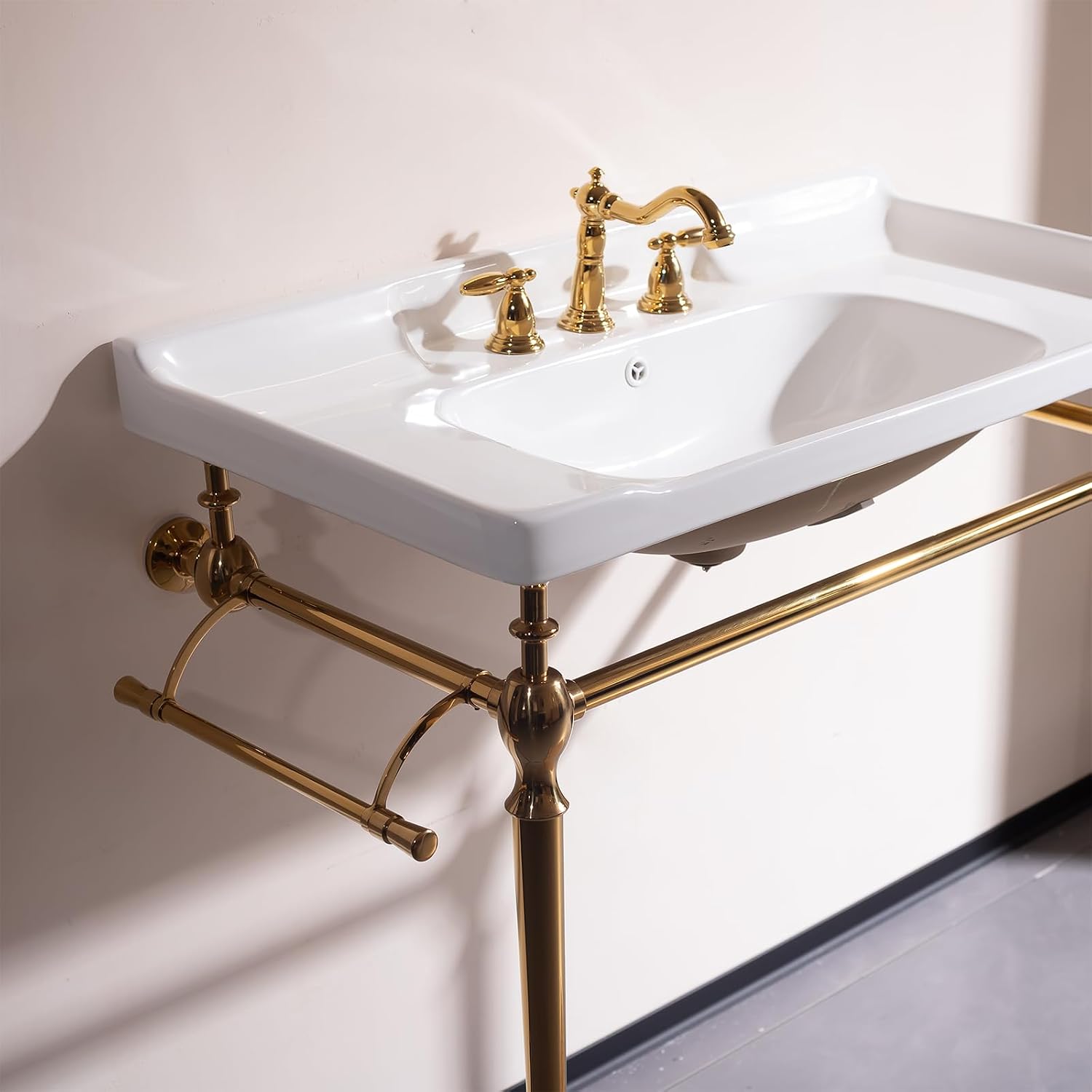 36'' Console Bathroom Sink, Freestanding Console Sink With Stainless Brushed Gold Legs, Modern Bathroom Sink Vanity with 3 Tap Holes and Pop Up Drain, White