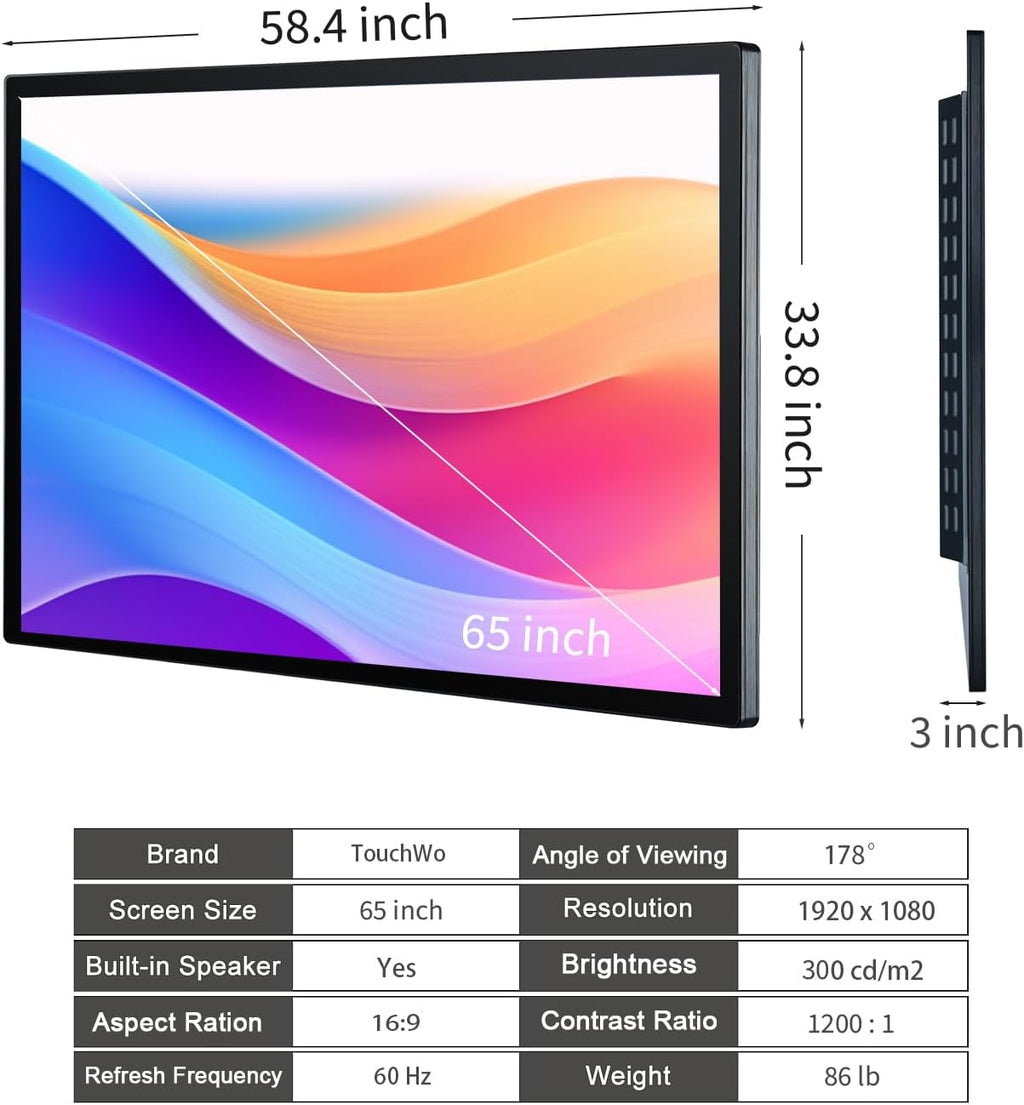 65 inch Capacitive Multi-Touch Screen Industrial Monitor, 16:9 Display 4K, Built-in Speakers, USB, VGA, DVI & HD-MI Ports, Digital Signage Displays and Player for Advertising