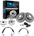 TRQ Front Brake Pad and Rotor Set Ceramic Rotors Calipers Hoses Compatible with 2008-2010 Jeep Wrangler