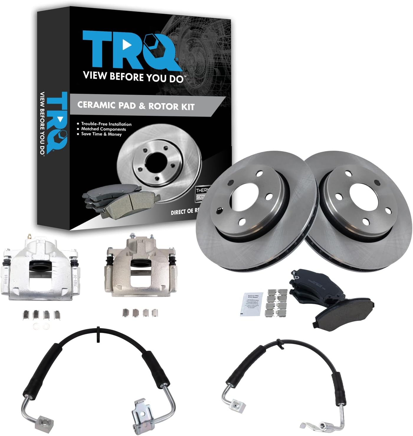 TRQ Front Brake Pad and Rotor Set Ceramic Rotors Calipers Hoses Compatible with 2008-2010 Jeep Wrangler