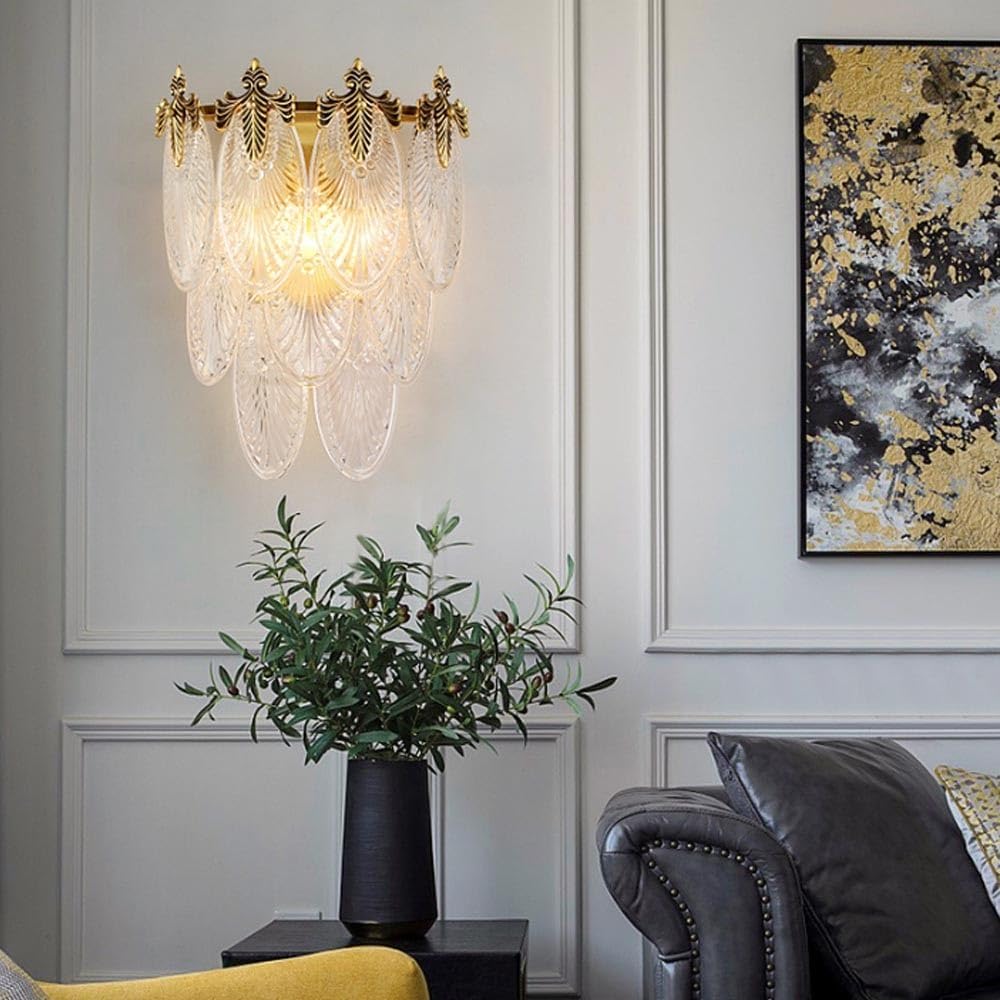 Leaf Shape Wall Sconce 3 Layers Clear Clear Glass Wall Light Modern Bathroom Vanity Lighting Fixtures Gold Metal Wall Lamp for Bedside Bedroom Hall House Hallway Restaurant