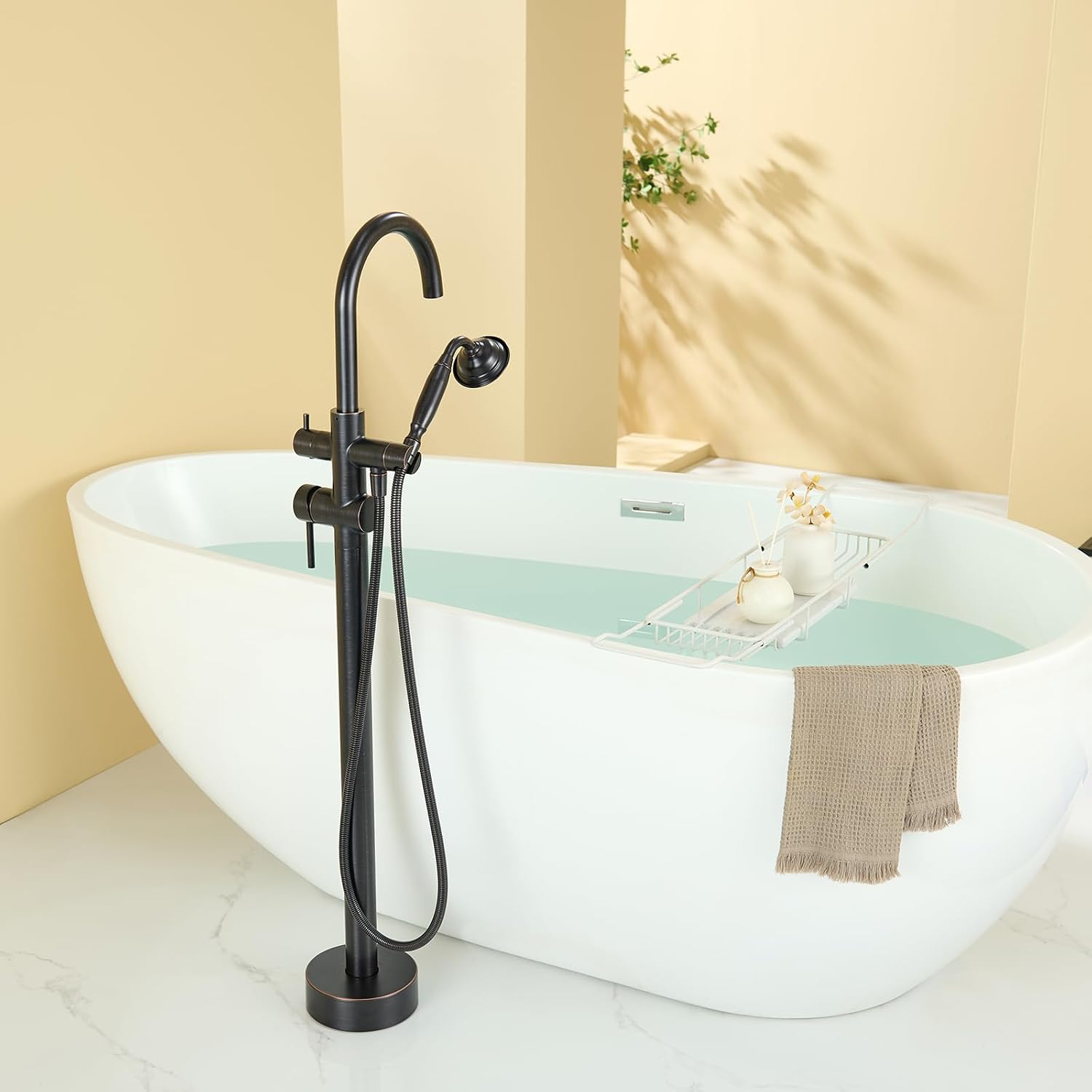 Wowkk Tub Filler Freestanding Bathtub Faucet Oil Rubbed Bronze Floor Mounted Brass Bathroom Tub Faucets with Hand Shower