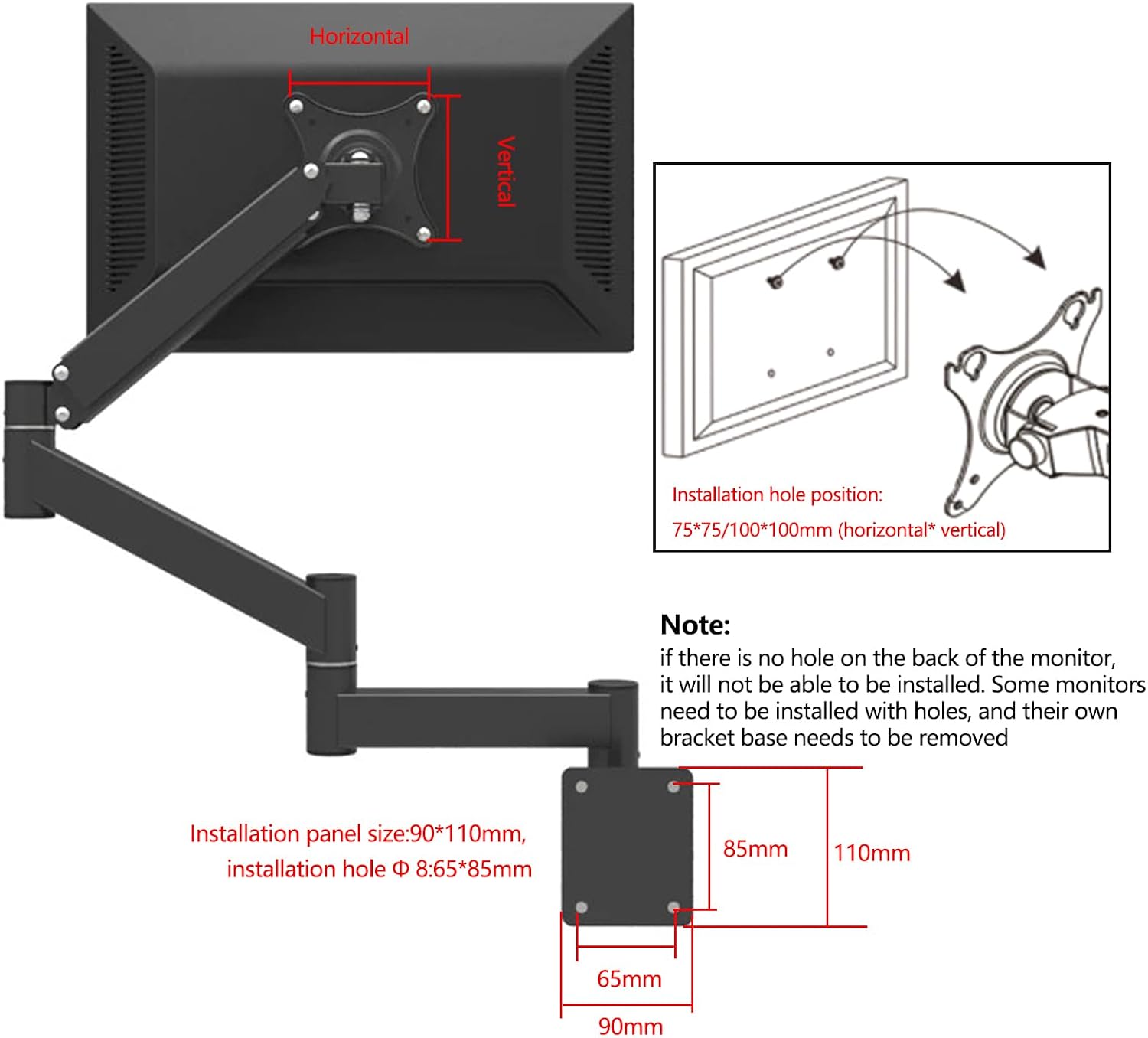 Adjustable TV Wall Mount Bracket with Extended Arm, Ideal for 17-21 Inch Screens, VESA 75x75mm, 100x100mm, Perfect for Bedroom or Workspace, Swivel Design, Holds up to 5.5kgs