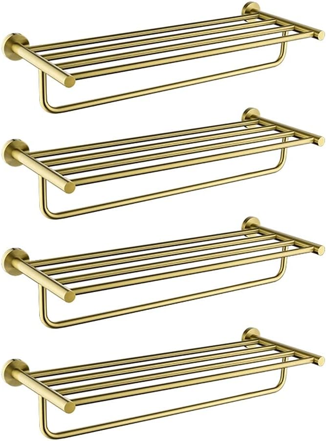 Towel Holder Double Tier Wall Mounted Bathroom Towel Rack Brushed Gold Luxury Modern Vibrant Towel Bar (4pcs)