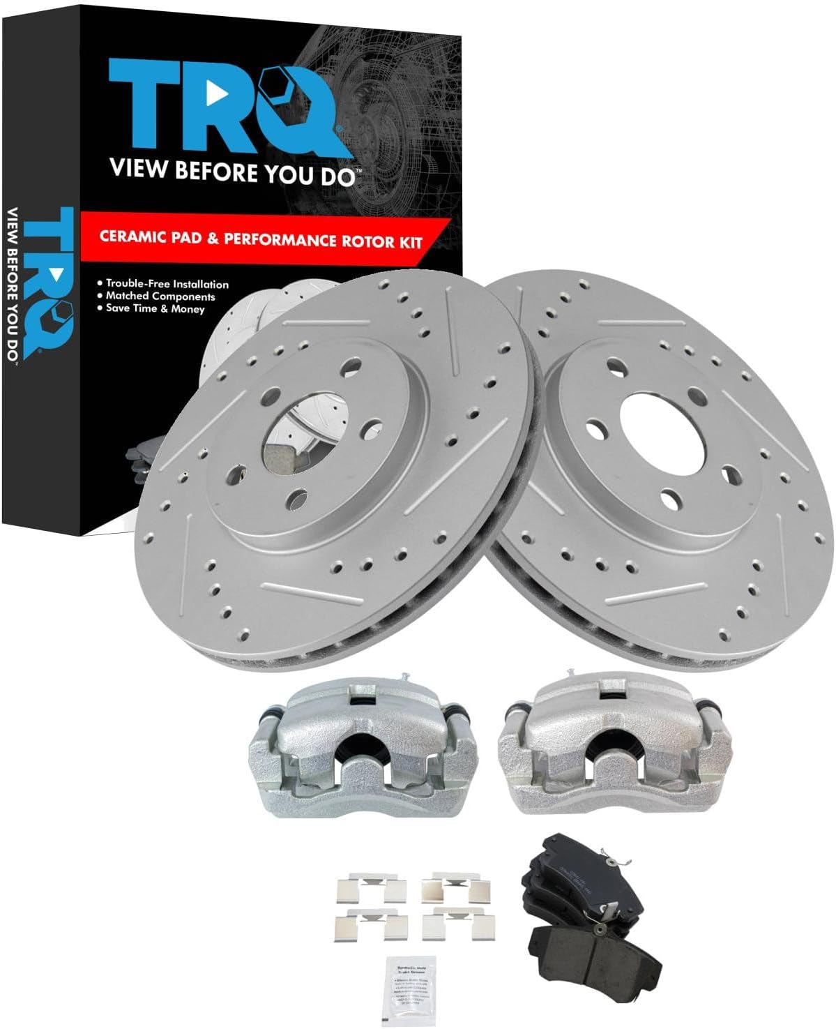 TRQ Performance Front Brake Pad and Rotor Set Ceramic Vented Coated Drilled Slotted Rotors Calipers Compatible with 2001-2009 Chrysler PT Cruiser