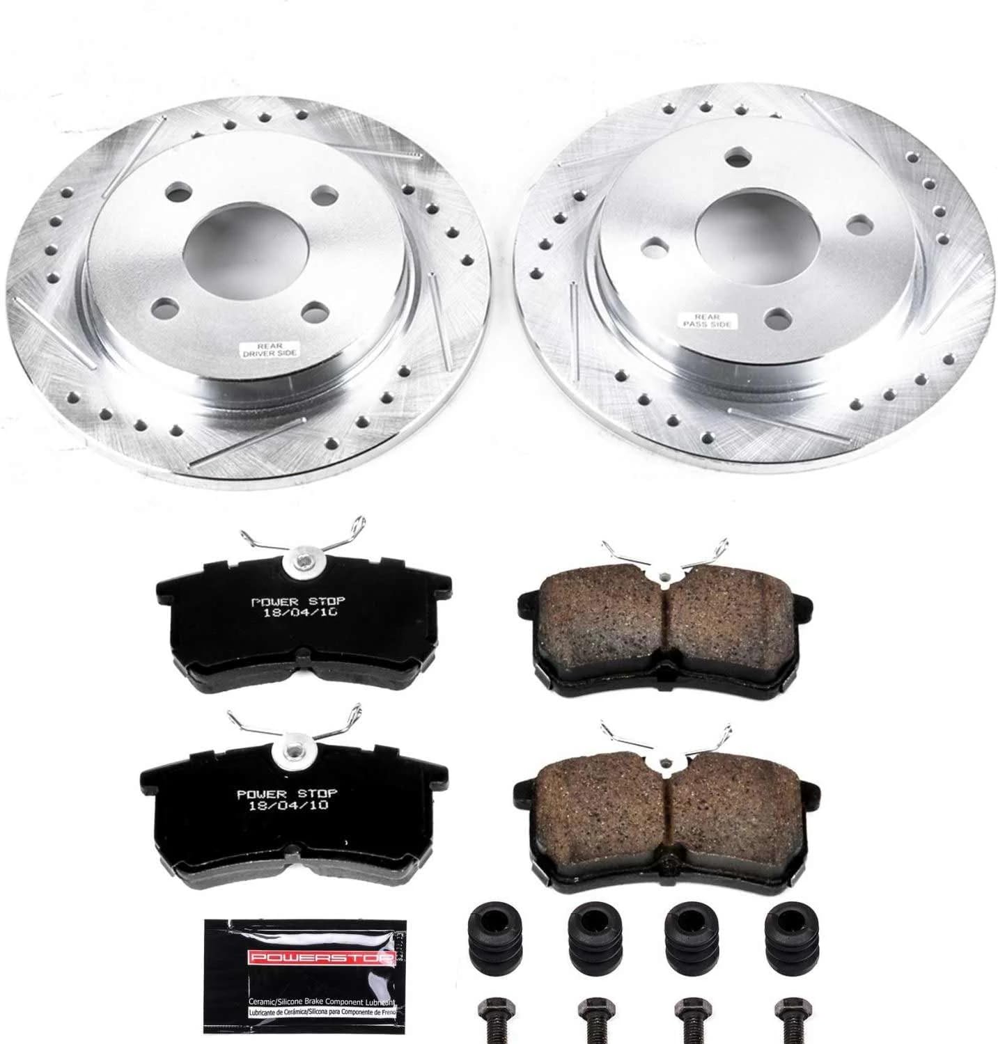 PowerStop Rear Brake Kit for Ford Fiesta 2014-19 | Ford Focus 2001-07 - Drilled and Slotted Disc Rotors with Carbon-Fiber Ceramic Brake Pads Replacement, K1363